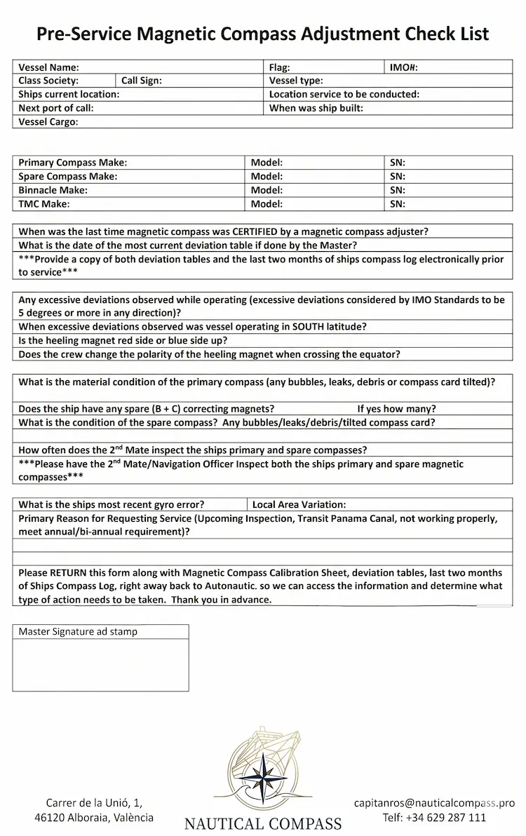Pre-service magnetic compass adjustment check list
